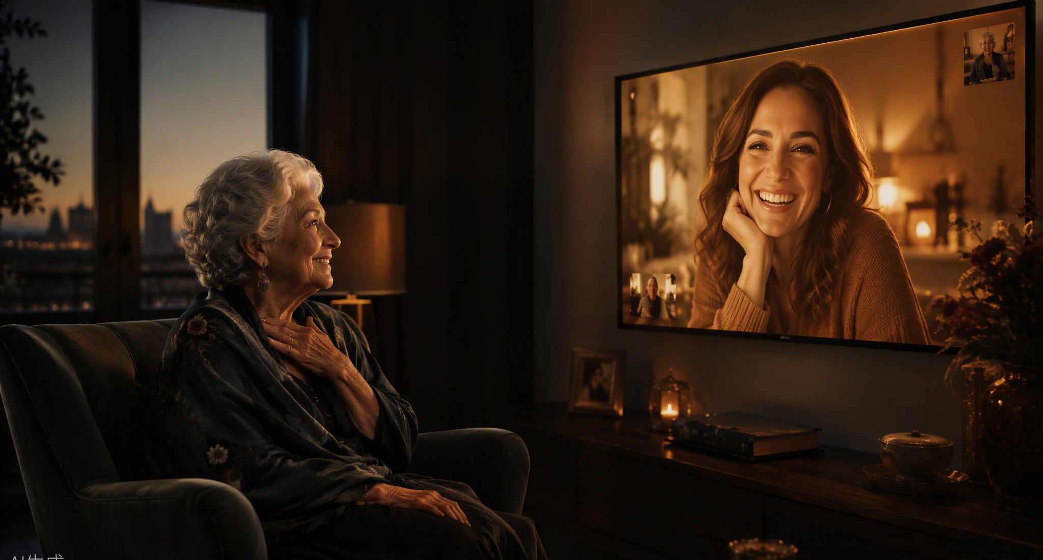 Mujer mayor sonriendo durante una videollamada familiar en su televisión